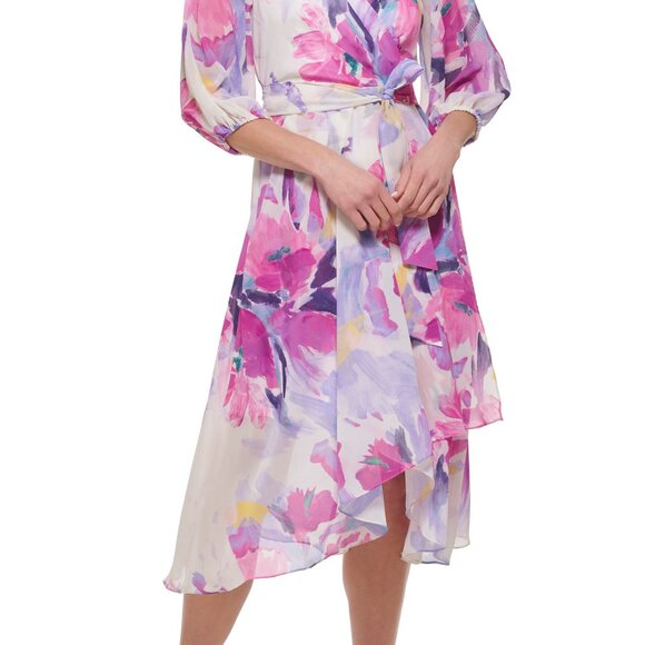 DKNY Women's Floral-Print Balloon-Sleeve Tie-Waist V-Neck Dress Size 12 - Picture 8 of 10